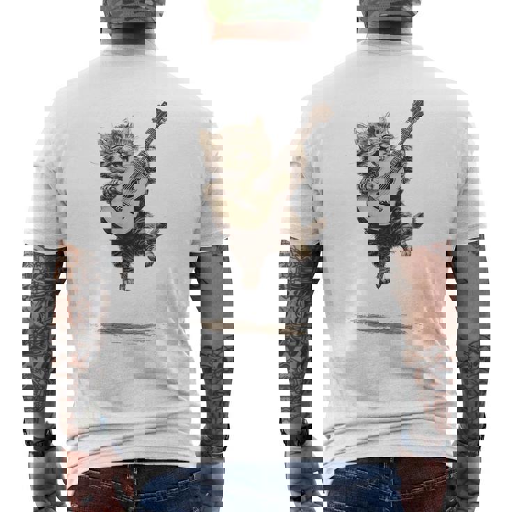 ギターを弾く面白い猫 面白いギター猫 メンズTシャツ バックプリント