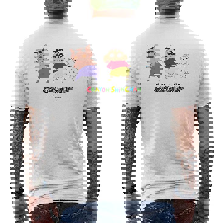 クレヨンしんちゃん 振り向き「ぶりぶり＆しんちゃん＆シロ」 メンズTシャツ バックプリント