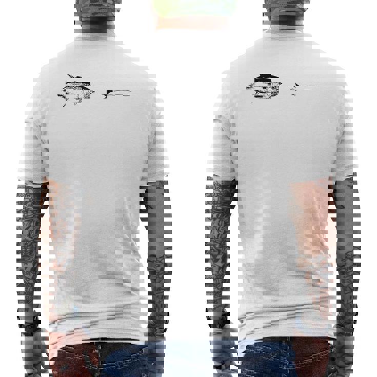 グラフィックフライフィッシングフックライン フィッシュマグロ メンズTシャツ バックプリント
