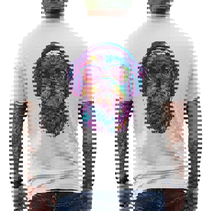 グリフォン ブリュッセロ 犬 音楽 ヘッドホン グリフォン ブリュッセル メンズTシャツ バックプリント