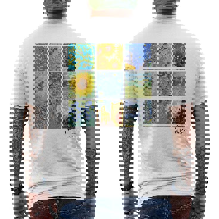 ゴッホの絵画、ひまわり、星月夜 メンズTシャツ バックプリント