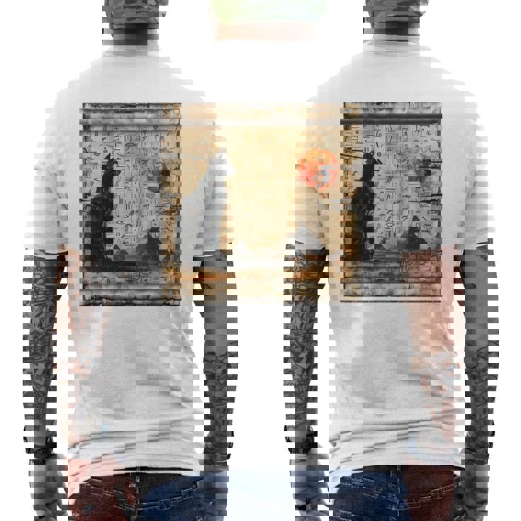 サンセット ピラミッド パピルス スクロール 砂漠 エジプトアート 猫 長袖tシャツ メンズTシャツ バックプリント