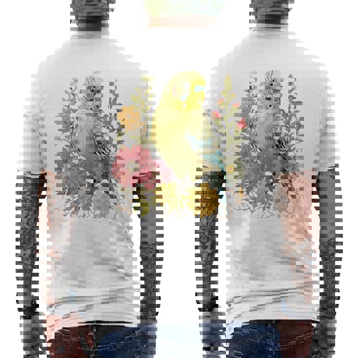 セキセイインコ 鳥 ママ セキセイインコ オウム ヴィンテージフラワー メンズTシャツ バックプリント