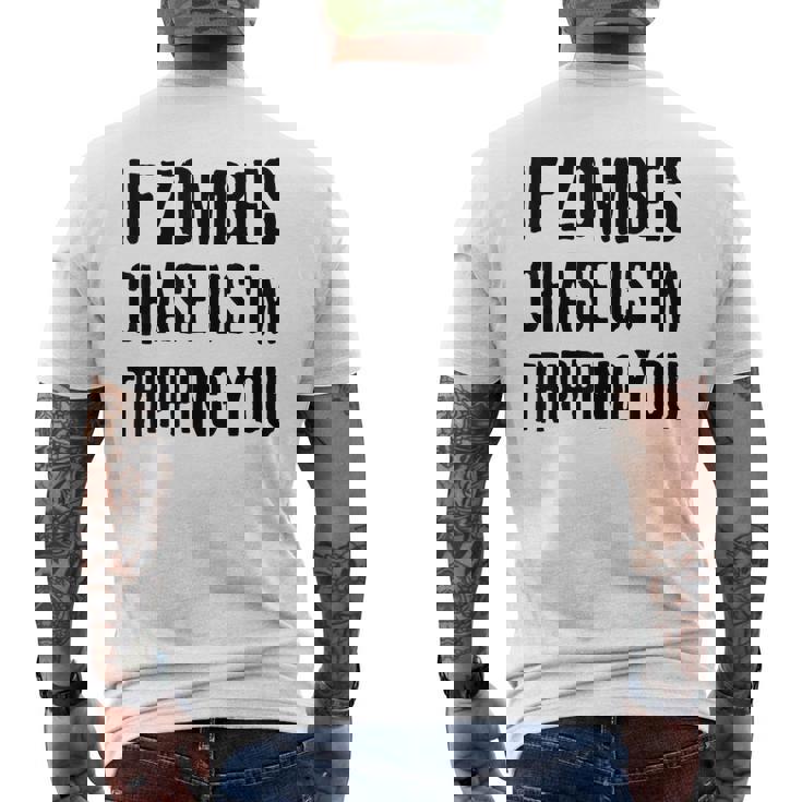 ゾンビに追われたらつまずくよおもしろいハロウィン メンズTシャツ バックプリント