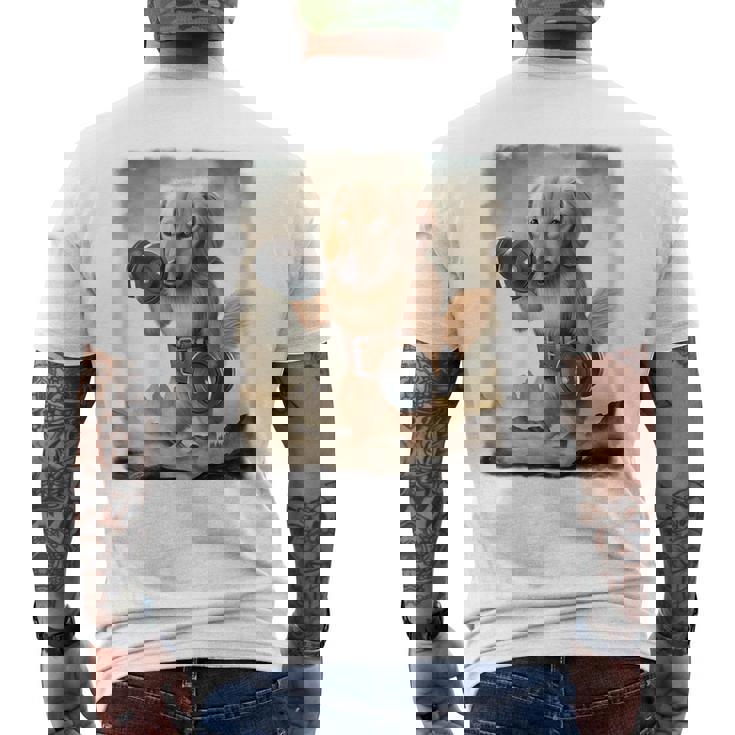 ダックスフンド 犬 筋トレ ウェイトリフティング ダンベル付き メンズTシャツ バックプリント