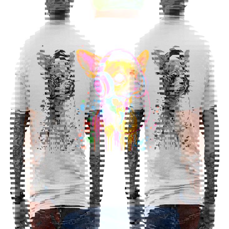 チワワの恋人 ポップアート ヘッドフォンを着て おもしろい チワワ 長袖tシャツ メンズTシャツ バックプリント
