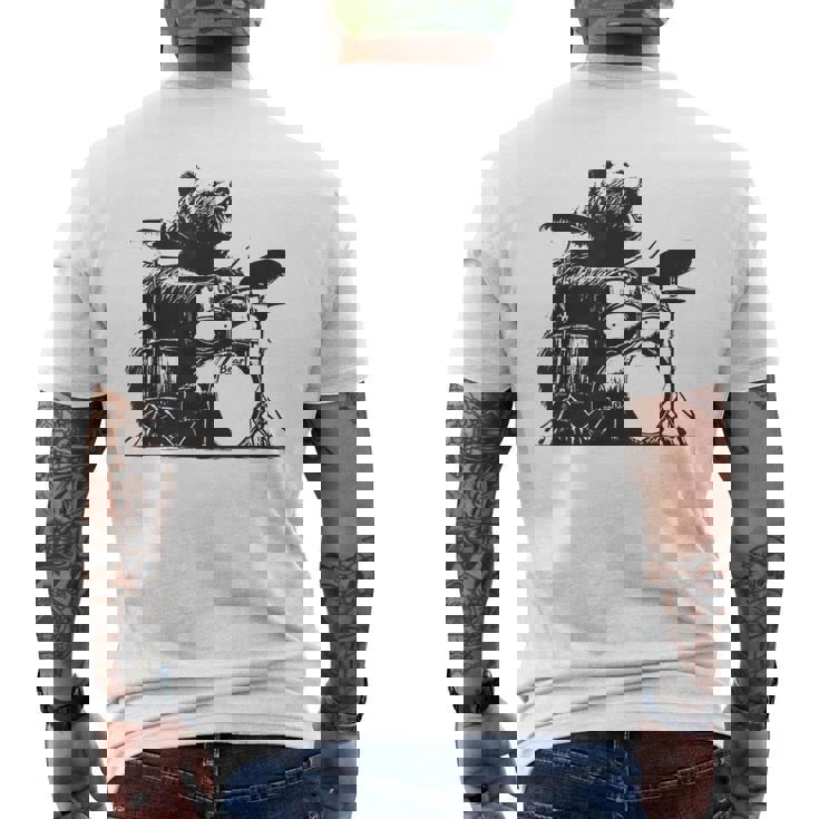 ドラマー ドラムキット クマの演奏 ドラムキット ミュージシャン メンズTシャツ バックプリント