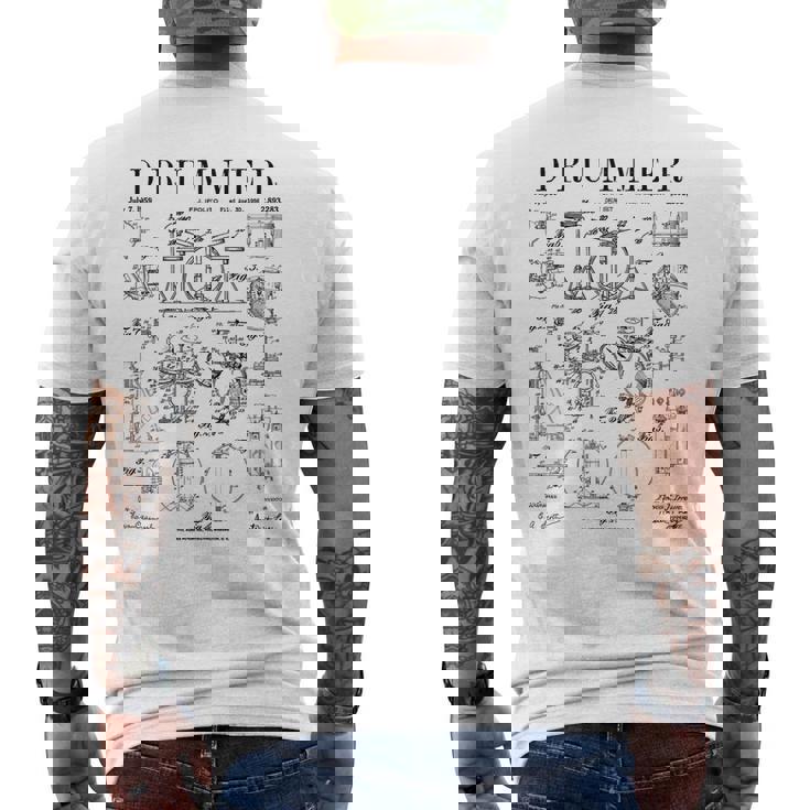 ドラムセットキット ヴィンテージ パテントドラマー ドローイングプリント メンズTシャツ バックプリント