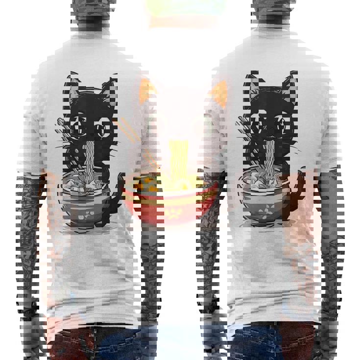 ヌードルキャット黒猫ラーメンデザイン メンズTシャツ バックプリント