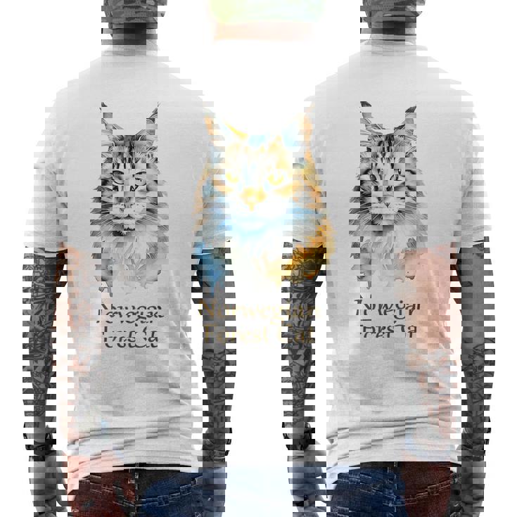 ノルウェージャンフォレストキャット 水彩画ポートレート2 メンズTシャツ バックプリント