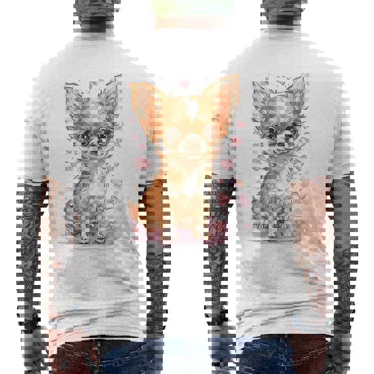 ハートに囲まれた愛らしいチワワ メンズTシャツ バックプリント