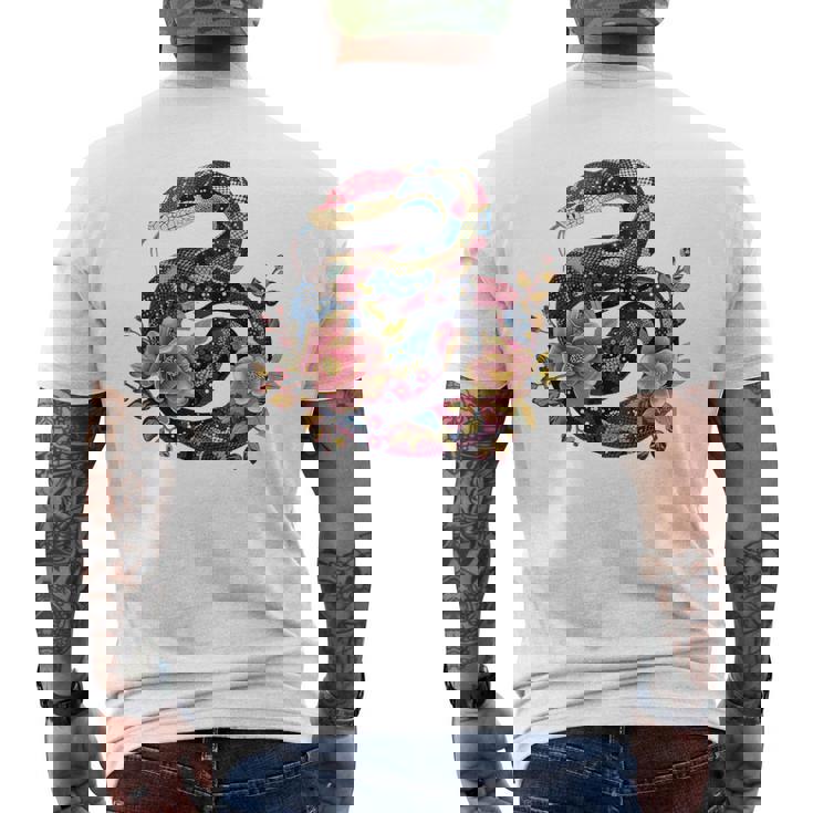パイソン 蛇 フローラルボール パイソン タトゥーフラワー 蛇好き メンズTシャツ バックプリント