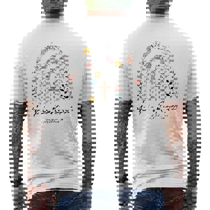 ヒ・イズ・ライゼン・フラワーズ・レインボー・ジーザス メンズTシャツ バックプリント