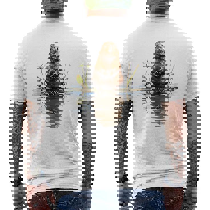 ビーバー 恋人 動物 アート イラスト グラフィック ビーバー メンズTシャツ バックプリント