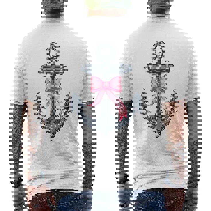 ピンクリボンボウコケット付きマリンアンカー。 メンズTシャツ バックプリント
