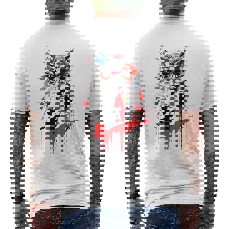 フクロウ アート 絵画 抽象 動物 描画 グラフィック フクロウ メンズTシャツ バックプリント