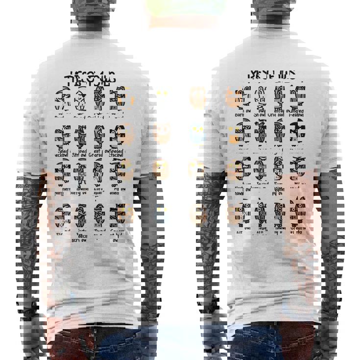 フクロウのコレクションタイプ かわいいフクロウ愛好家向け メンズTシャツ バックプリント