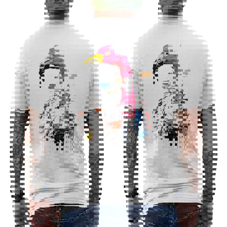 フラミンゴ 鮮やかな色 芸術的な野生動物の表現 メンズTシャツ バックプリント