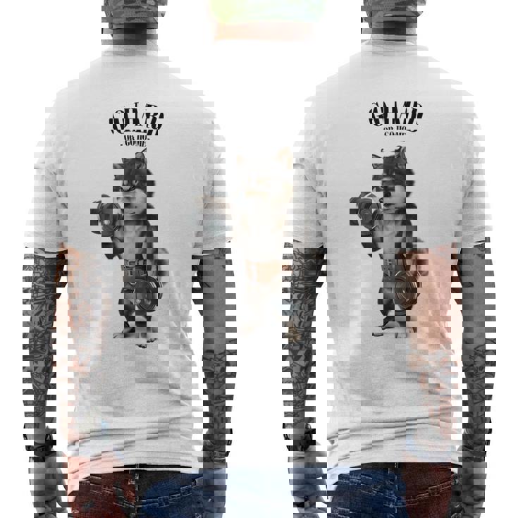 ブラック柴犬 筋トレ ダンベル付き フィットネスジム メンズTシャツ バックプリント