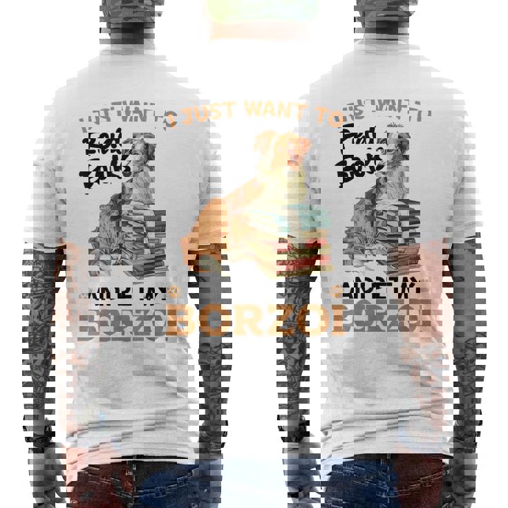ボルゾイ・ドッグ・ブリード本を読んでボルゾイを撫でたいだけ メンズTシャツ バックプリント