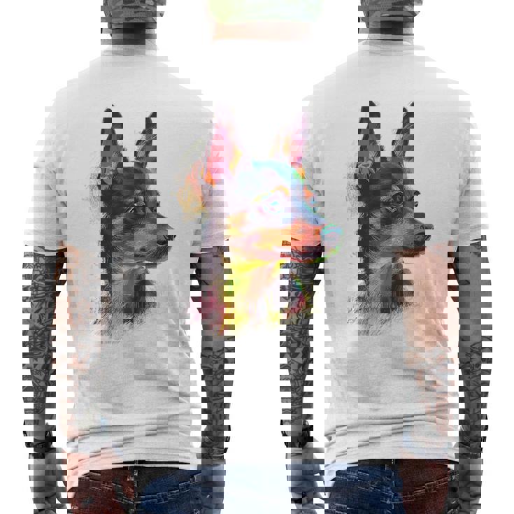 ミニチュア ピンシャー 犬 ペット アート カラフル ミニチュア ピンシャー メンズTシャツ バックプリント