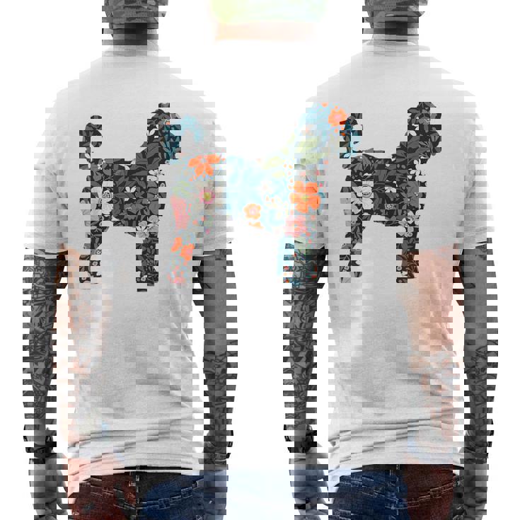 ラブラドゥードルやゴールデンドゥードルのママのためのフローラルドッグシルエット メンズTシャツ バックプリント