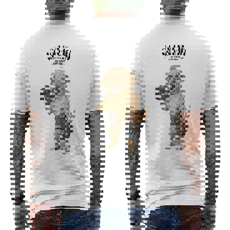 ラブラドールレトリバー 犬用筋肉トレーニング ダンベル付き メンズTシャツ バックプリント