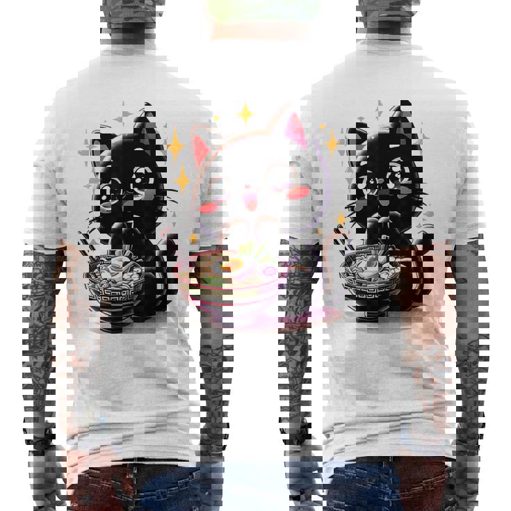 ラーメン猫かわいいアニメ猫ラーメン愛好家甘い メンズTシャツ バックプリント