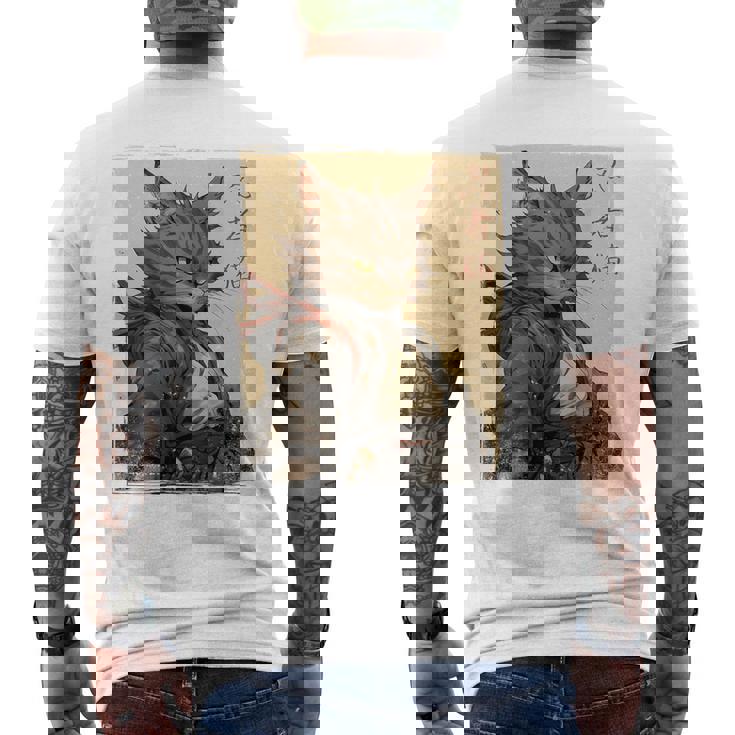 ヴィンテージ 日本の風景 侍 猫 漢字 Art Back メンズTシャツ バックプリント