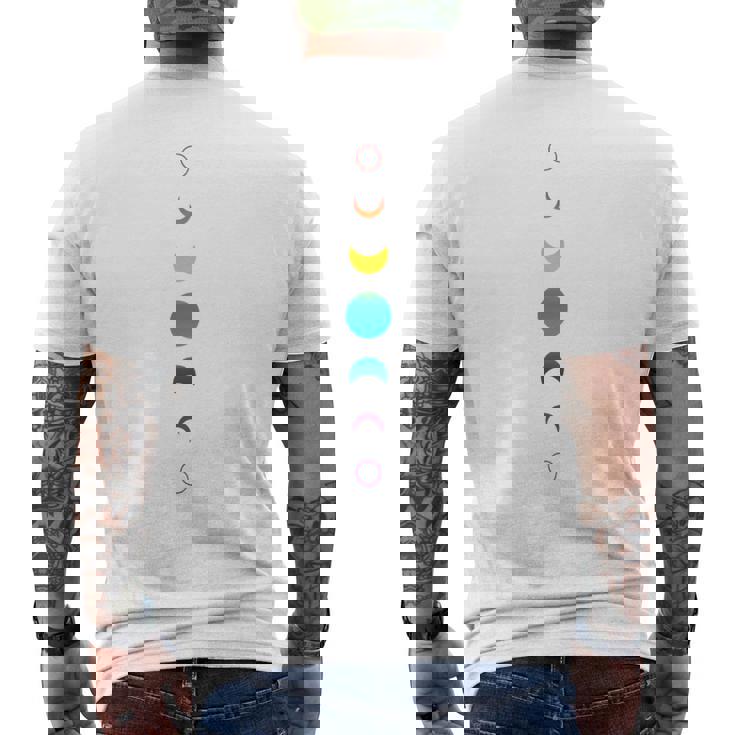 天空の月の満ち欠け バックプリント 虹の月天文学 メンズTシャツ バックプリント