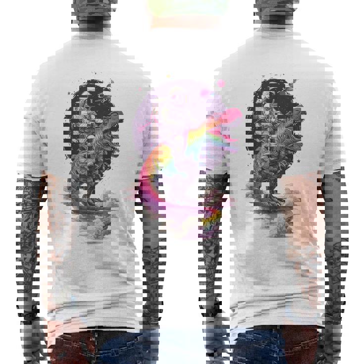 宇宙飛行士tレックス 恐竜 宇宙人 宇宙人 惑星 銀河 メンズTシャツ バックプリント