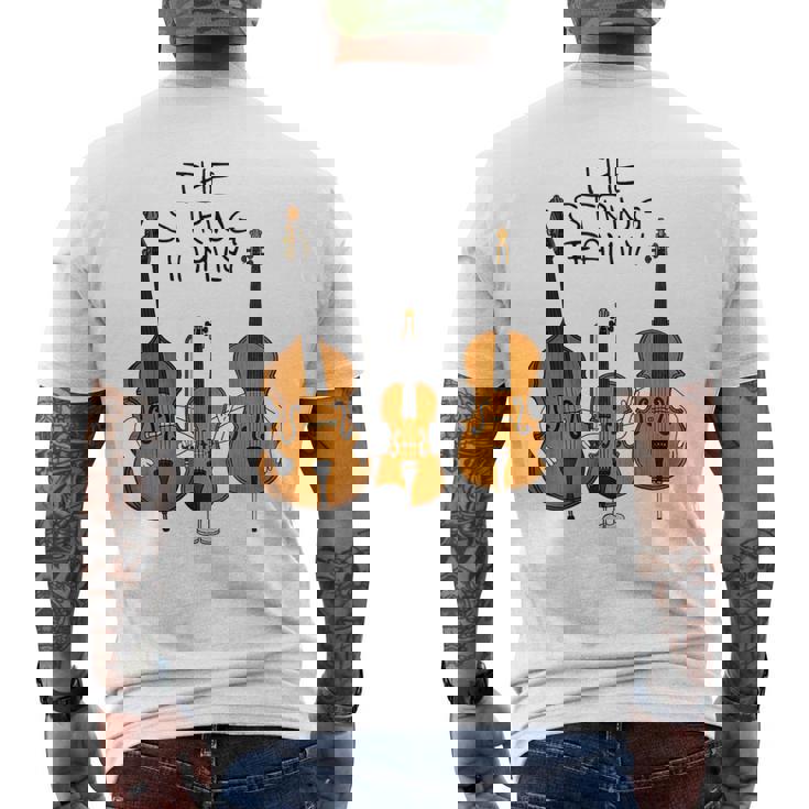 弦楽ファミリー、ヴァイオリン、チェロ、コントラバスミュージシャン面白い メンズTシャツ バックプリント