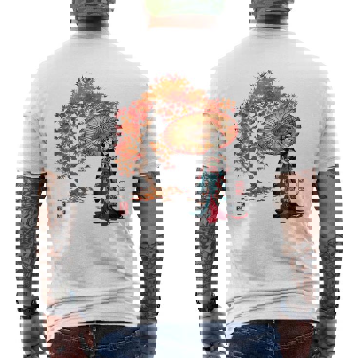 日本 浮世絵 京都 嵯峨 紅葉 和傘 美人 着物 メンズTシャツ バックプリント