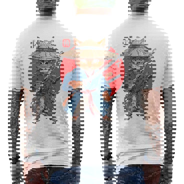 日本の侍 猫戦士 浮世侍 バックプリント メンズTシャツ バックプリント