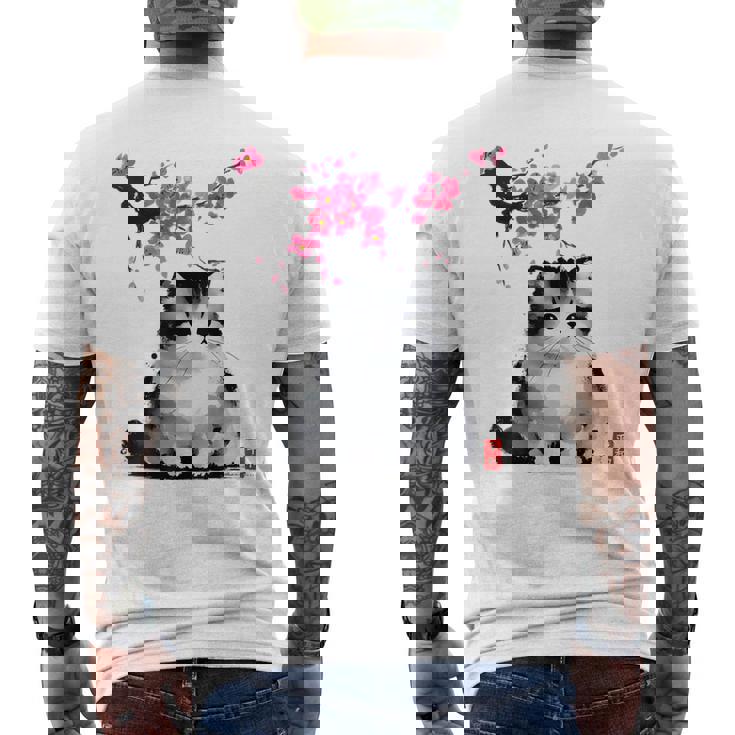 日本の墨絵マンチキン猫 桜 桜アート メンズTシャツ バックプリント