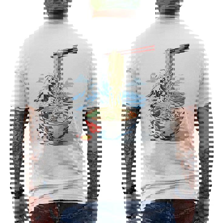 日本の麺スープ ラーメン 浮世絵 日本波 ヴィンテージ メンズTシャツ バックプリント