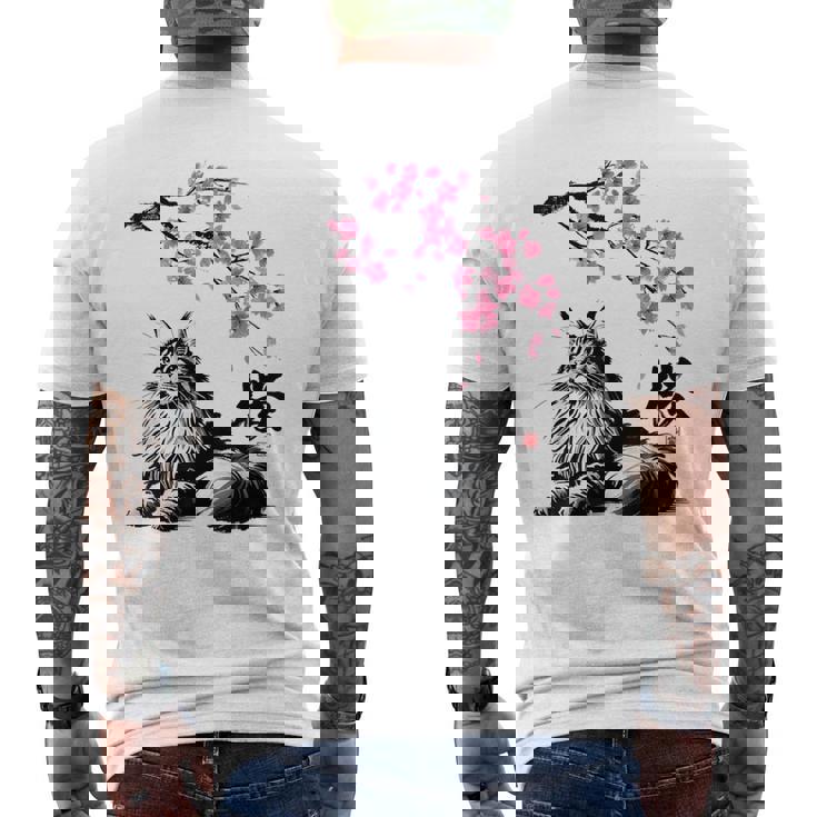 日本美術 メインクーン 猫 桜 桜 メンズTシャツ バックプリント