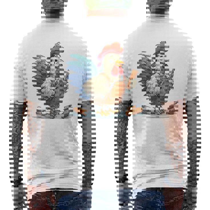 木彫りの鶏、かわいいデザイン メンズTシャツ バックプリント