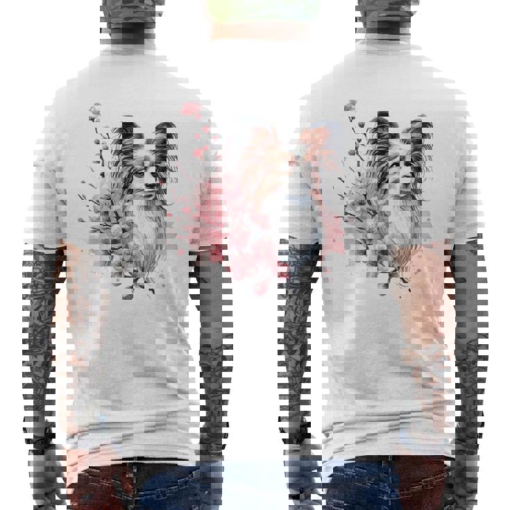 桜 水彩パピヨン メンズTシャツ バックプリント