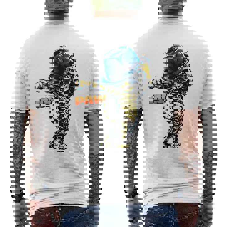 決めポーズの猫イラスト Pawの文字が光るダンス風デザイン メンズTシャツ バックプリント