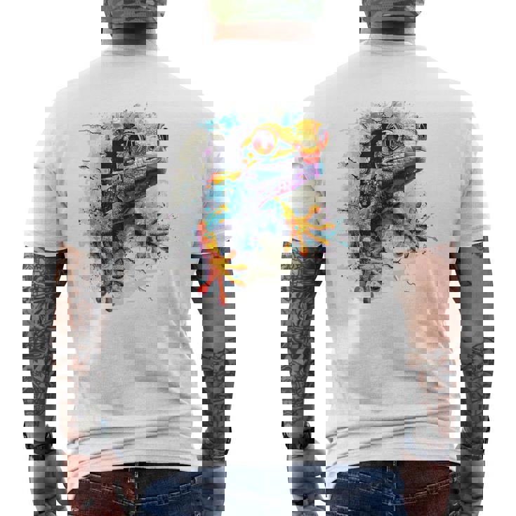 爬虫類とカラフルなヤモリ メンズTシャツ バックプリント