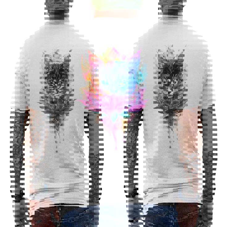 猫 花 カラフル かわいい アート 動物好き グラフィック 猫 メンズTシャツ バックプリント