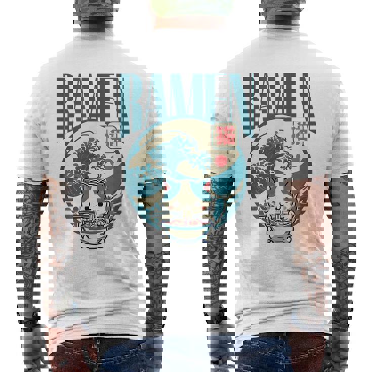 猫食べるラーメン キッズ&大人、日本の神奈川波ラーメン メンズTシャツ バックプリント