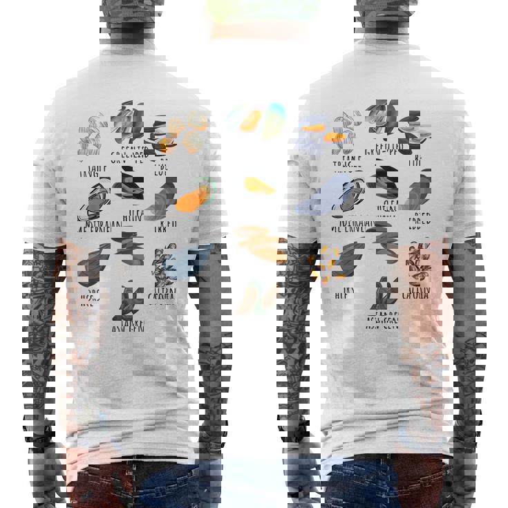 異なる種類のムール貝の品種コレクション、かわいいムール貝が大好き メンズTシャツ バックプリント