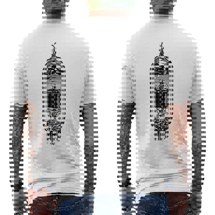 真空管デザイン・ヴィンテージ・アナログ・バルブ・アンプ、ギター メンズTシャツ バックプリント