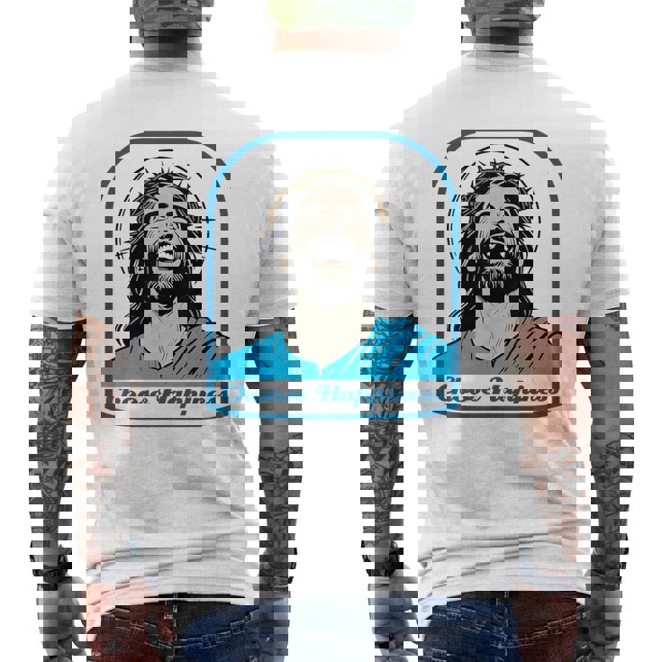 笑うイエス キリスト 喜び 幸せな笑顔 自信 いばらの冠 満足感 クリスマスプレゼント 贈り物 お土産 ポジティブ メンズTシャツ バックプリント