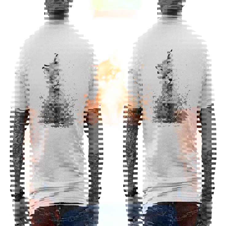 笑顔 水彩 キツネ 森林 動物 メンズTシャツ バックプリント