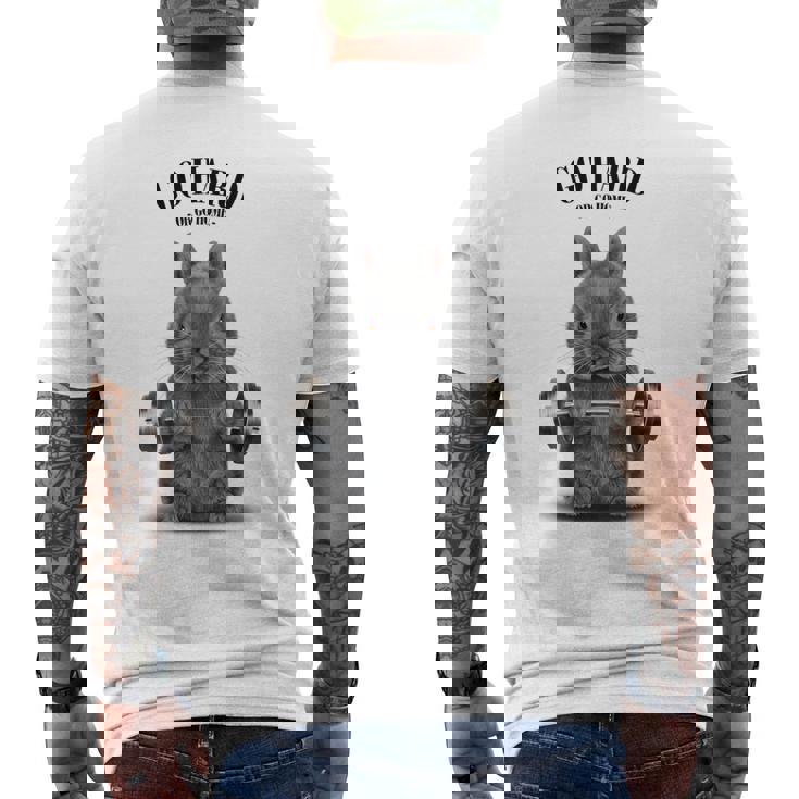 筋トレ ネザーランドドワーフ ウサギ ブルー メンズTシャツ バックプリント