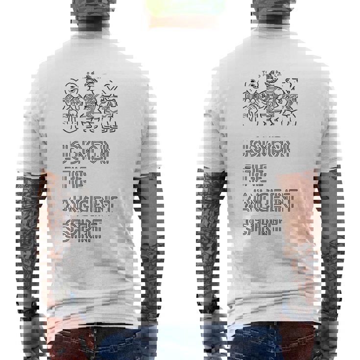 縄文・古来の精神。Tomodachi 土偶 遮光器土偶 ハート形土偶 仮面の女神 宇宙人 はにわ シュール シンプル メンズTシャツ バックプリント