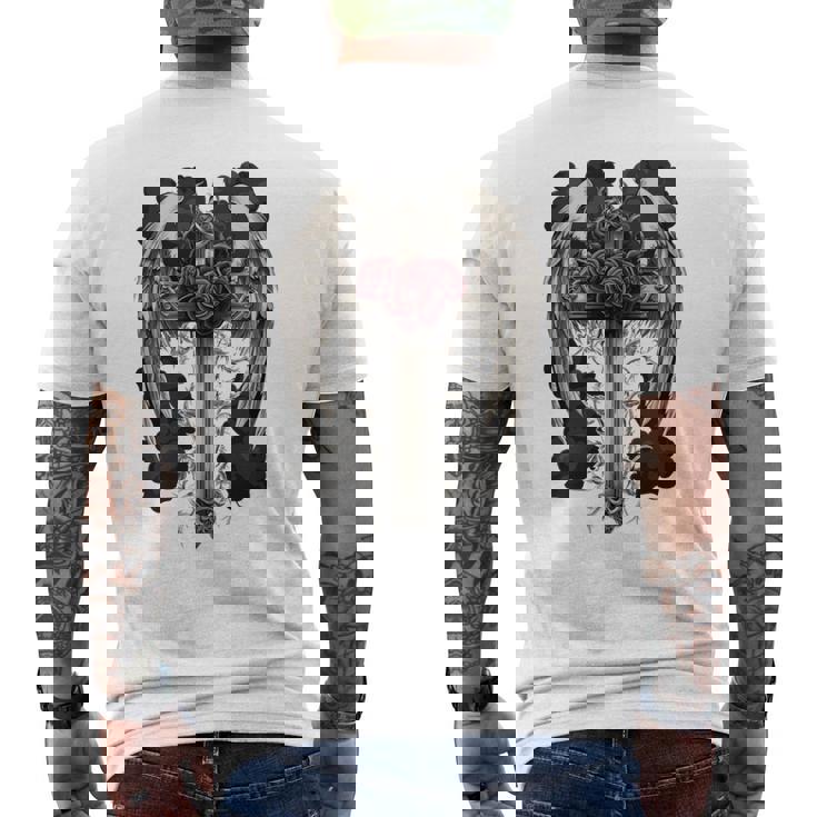 翼とバラのゴシック・クロス 長袖tシャツ メンズTシャツ バックプリント